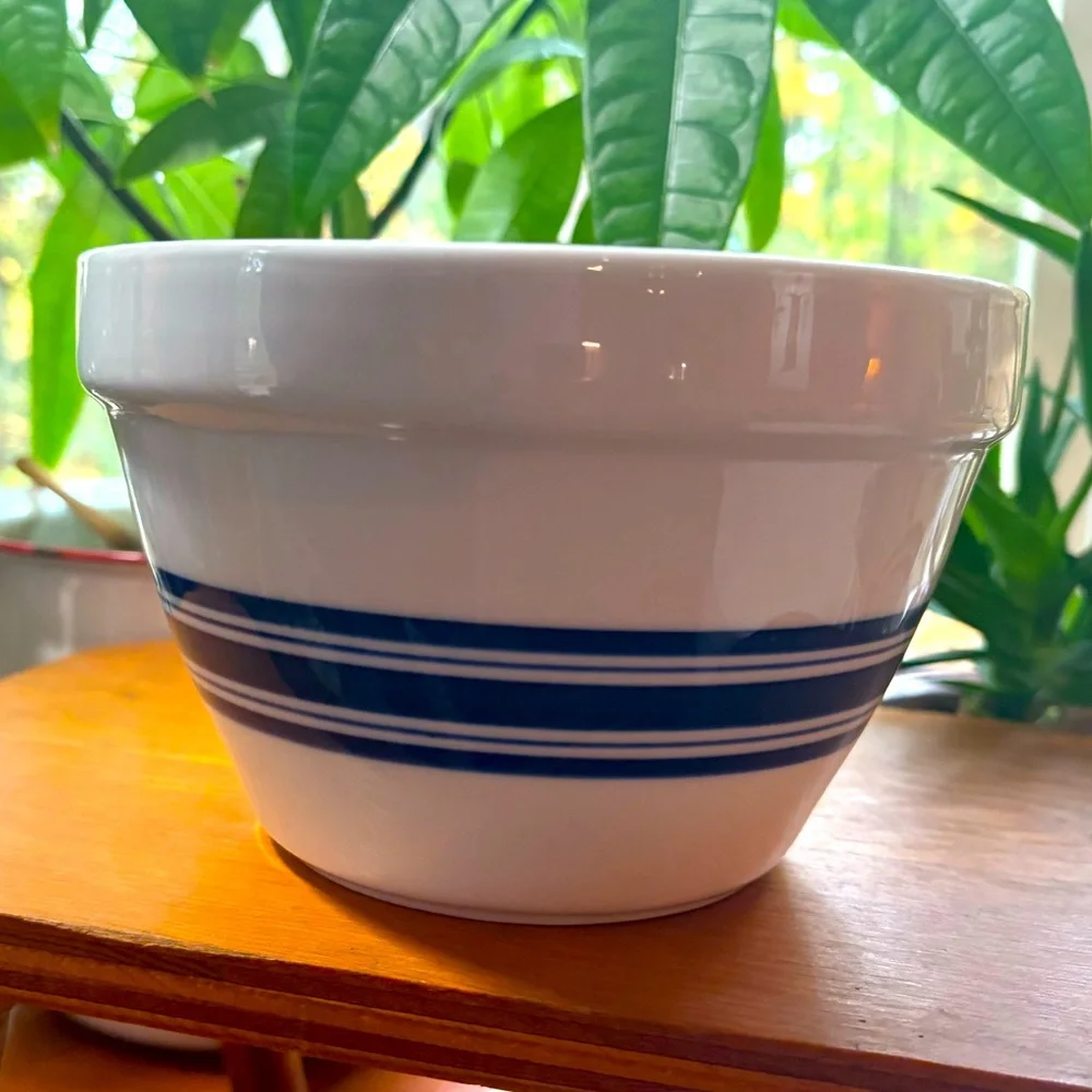 Two Crate and Barrel Heavy Ceramic Bowls White with Blue Stripes